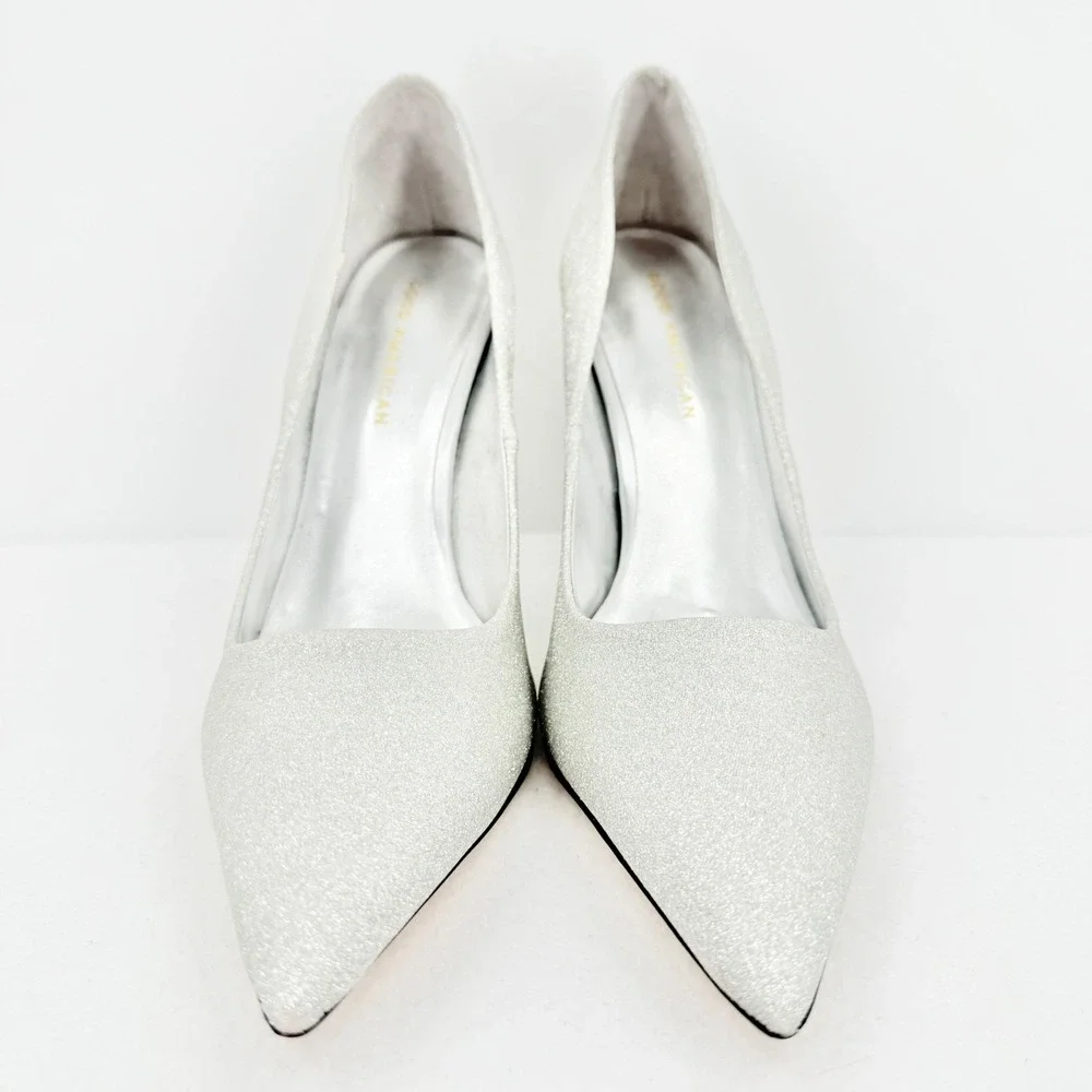 GOOD AMERICAN Emma Glitter Heel Silver Sparkly Pointed Toe Stiletto Size 10 NWOB